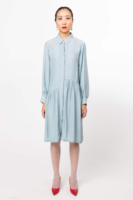 Leh Studios Blue 100% Silk Plain Collar Ladder Shirt Dress 