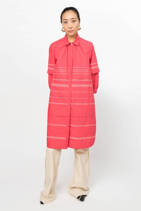 Leh Studios Pink 100% Cotton Stitch Collar Pleated Fence Shirt Dress 
