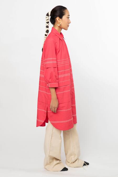 Leh Studios_Pink Cotton Embroidery Collared Pleated Fence Shirt Dress _Online_at_Aza_Fashions