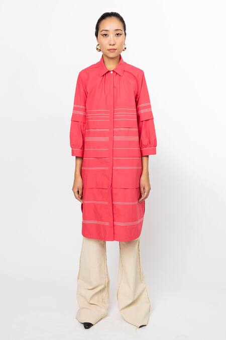 Buy_Leh Studios_Pink Cotton Embroidery Collared Pleated Fence Shirt Dress _Online_at_Aza_Fashions