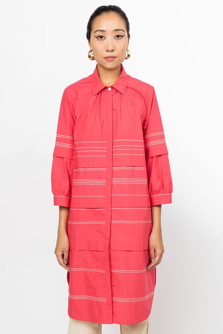 Shop_Leh Studios_Pink Cotton Embroidery Collared Pleated Fence Shirt Dress _Online_at_Aza_Fashions