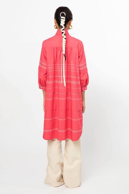 Shop_Leh Studios_Pink Cotton Embroidery Collared Pleated Fence Shirt Dress _at_Aza_Fashions