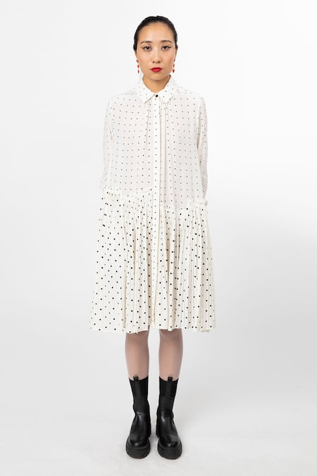 Leh Studios Ivory 100% Silk Print Polka Dots Collar And Black Dress 