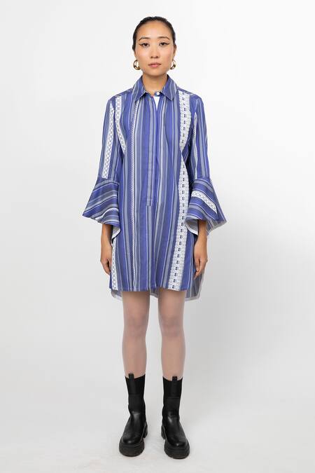 Leh Studios_Blue 100% Cotton Striped Collar Bell Sleeves Tunic  _Online_at_Aza_Fashions