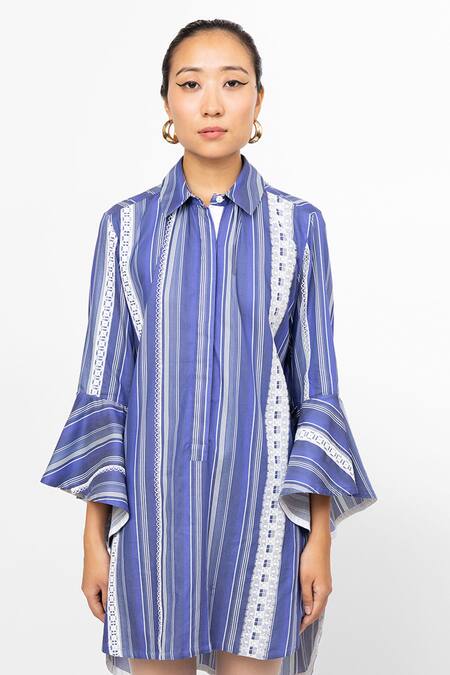 Leh Studios_Blue 100% Cotton Striped Collar Bell Sleeves Tunic  _at_Aza_Fashions