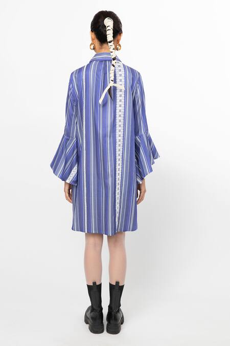 Shop_Leh Studios_Blue 100% Cotton Striped Collar Bell Sleeves Tunic  _at_Aza_Fashions