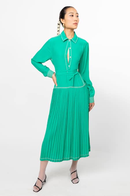 Leh Studios Green 100% Silk Plain Collar Pleated Flare Couch Dress 