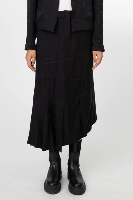 Leh Studios_Black Linen Asymmetric Skirt _Online_at_Aza_Fashions