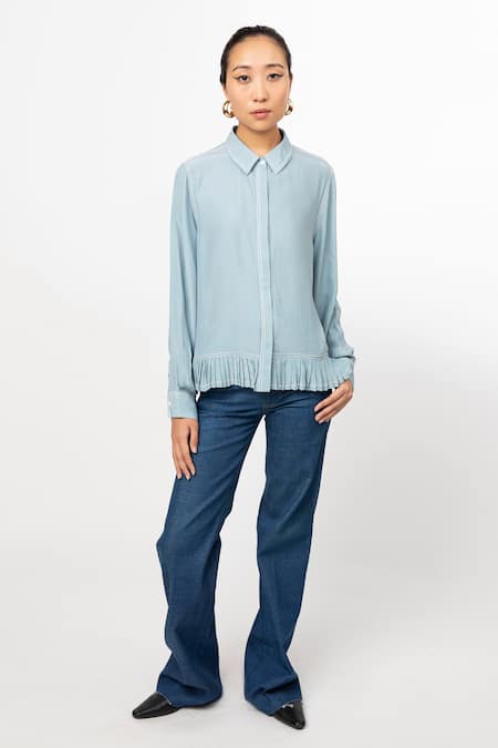 Leh Studios Blue 100% Silk Solid Shirt Collar Fin 