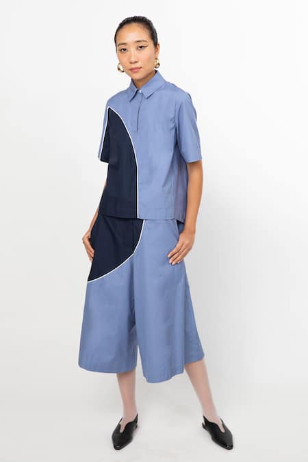 Leh Studios Blue 100% Cotton Colour Block Shirt Collar Eclipse 