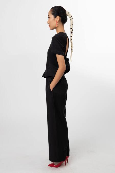 Buy_Leh Studios_Black Linen Round Neck Cut-out Back Top _Online_at_Aza_Fashions