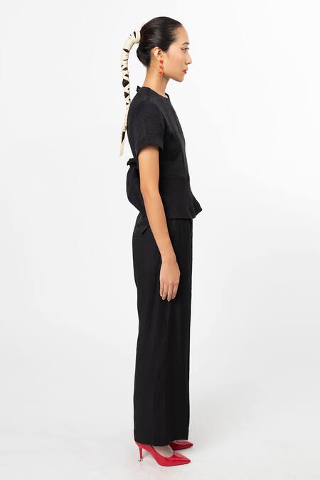 Shop_Leh Studios_Black Linen Round Neck Cut-out Back Top _Online_at_Aza_Fashions