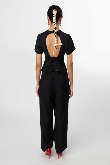 Shop_Leh Studios_Black Linen Round Neck Cut-out Back Top _at_Aza_Fashions