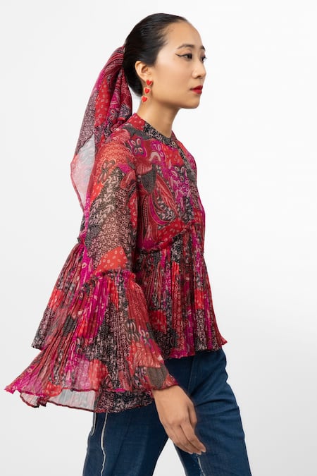 Shop_Leh Studios_Multi Color Viscose Bandeau Neck Terrace Abstract Pattern Top _Online_at_Aza_Fashions