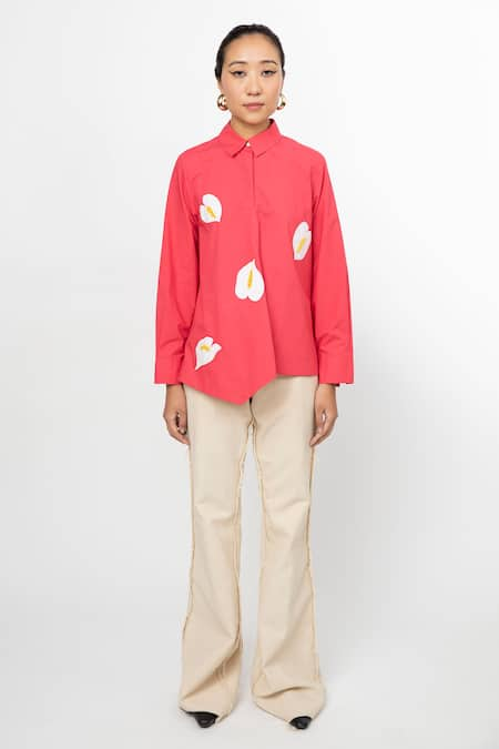 Leh Studios Coral 100% Cotton Applique Shirt Collar Top  