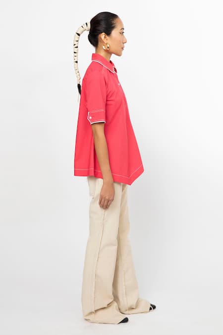Leh Studios_Coral Cotton Shawl Neck Slide Solid Top _Online_at_Aza_Fashions