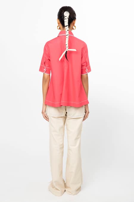 Shop_Leh Studios_Coral Cotton Shawl Neck Slide Solid Top _at_Aza_Fashions