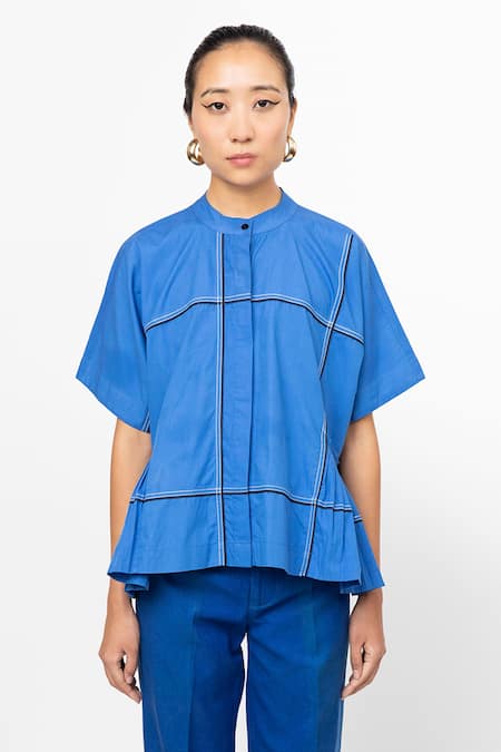 Leh Studios Blue 100% Cotton Running Stitch Band Collar Fence Stripe Pattern Shirt 