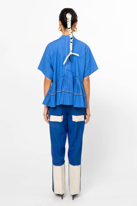 Shop_Leh Studios_Blue Cotton Embroidery Bandeau Neck Fence Stripe Pattern Shirt _at_Aza_Fashions