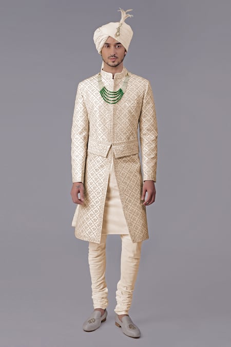 Talking Threads_Gold Silk Embroidery Floral Hand Sherwani Set_at_Aza_Fashions