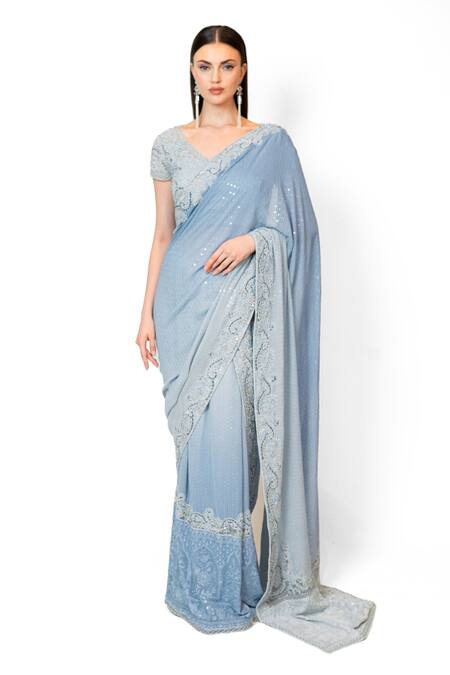 Rabani & Rakha_Blue Georgette Embroidery, Sequins V-neck Ombre Shadded Saree With Blouse _at_Aza_Fashions