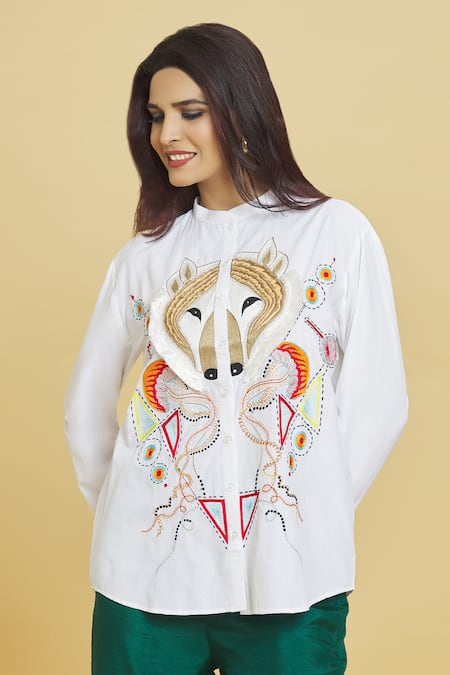 Shop_Aiman_Ivory Cotton Embroidery Mandarin Collar Wolf Shirt_Online_at_Aza_Fashions