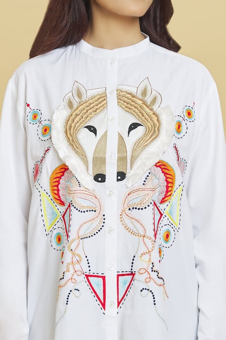 Aiman_Ivory Cotton Embroidery Mandarin Collar Wolf Shirt_at_Aza_Fashions