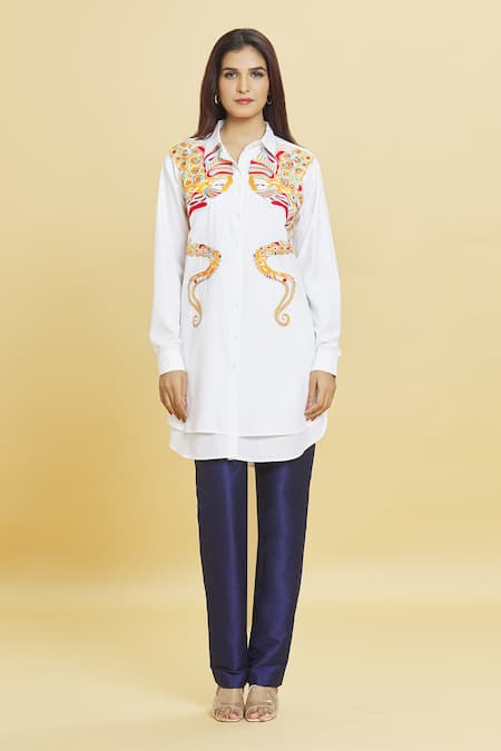 Aiman Ivory Cotton Embroidery Collared Octopus Tunic Online at Aza Fashions Aiman_Ivory Cotton Embroidery Collared Octopus Tunic_Online_at_Aza_Fashions