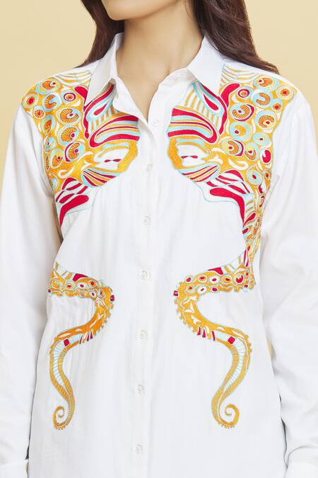 Shop Aiman Ivory Cotton Embroidery Collared Octopus Tunic Online at Aza Fashions Shop_Aiman_Ivory Cotton Embroidery Collared Octopus Tunic_Online_at_Aza_Fashions