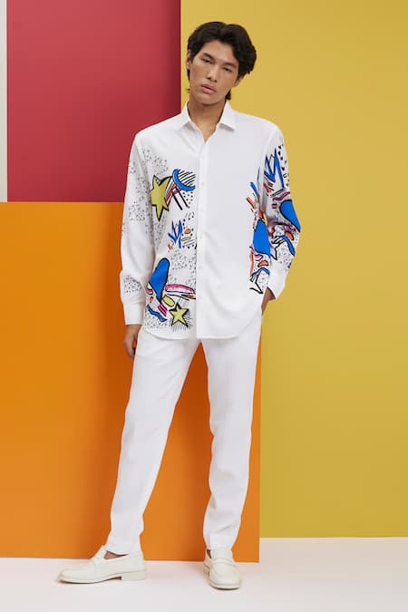 Shop_Nautanky_White Polyester Embroidery Gardenia Placement Doodle Print Shirt _Online_at_Aza_Fashions