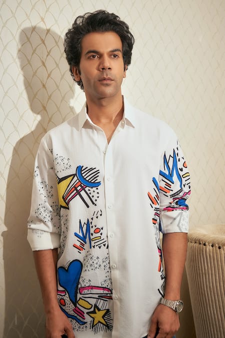 Buy_Nautanky_White Polyester Embroidery Gardenia Placement Doodle Print Shirt 