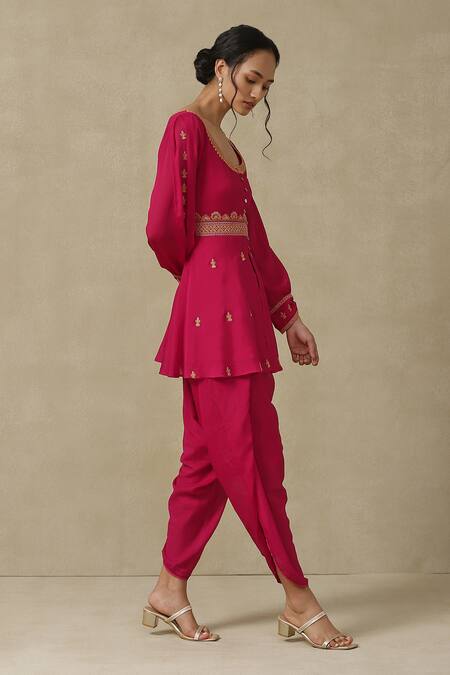 Buy_Ritu Kumar, Ri.Ritu Kumar, aarke Ritu Kumar_Pink Polyester Embroidery Scoop Neck Kurta And Dhoti Pant Set_Online_at_Aza_Fashions