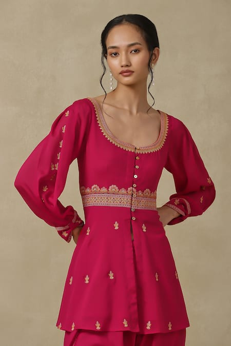 Shop_Ritu Kumar, Ri.Ritu Kumar, aarke Ritu Kumar_Pink Polyester Embroidery Scoop Neck Kurta And Dhoti Pant Set_Online_at_Aza_Fashions