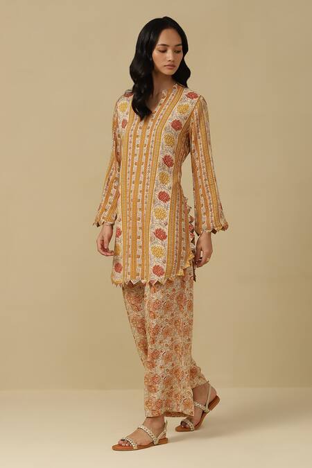 Ritu Kumar, Ri.Ritu Kumar, aarke Ritu Kumar_Yellow Rayon Embroidery Bandeau Neck Floral Print Kurta And Pant Set_Online_at_Aza_Fashions