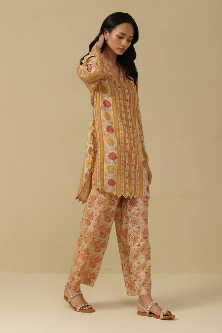 Buy_Ritu Kumar, Ri.Ritu Kumar, aarke Ritu Kumar_Yellow Rayon Embroidery Bandeau Neck Floral Print Kurta And Pant Set_Online_at_Aza_Fashions