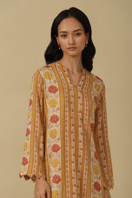 Shop_Ritu Kumar, Ri.Ritu Kumar, aarke Ritu Kumar_Yellow Rayon Embroidery Bandeau Neck Floral Print Kurta And Pant Set_Online_at_Aza_Fashions