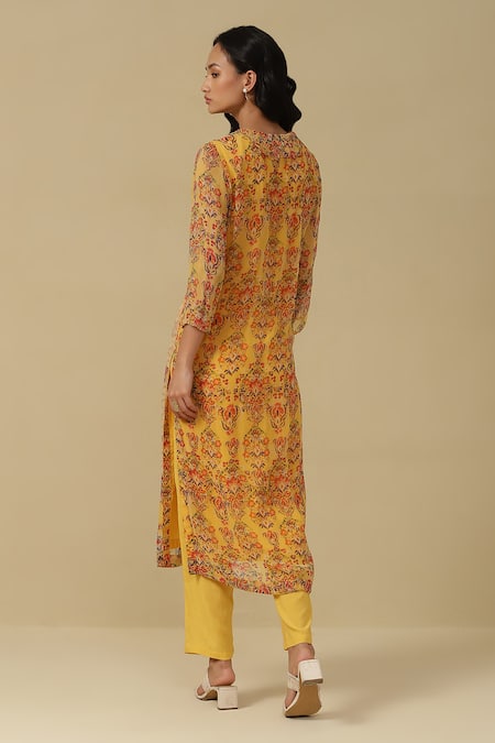 Shop Ritu Kumar, Ri.Ritu Kumar, aarke Ritu Kumar Yellow Cotton Embroidery Round Neck Flower Print Straight Kurta Set at Aza Fashions Shop_Ritu Kumar, Ri.Ritu Kumar, aarke Ritu Kumar_Yellow Cotton Embroidery Round Neck Flower Print Straight Kurta Set_at_Aza_Fashions