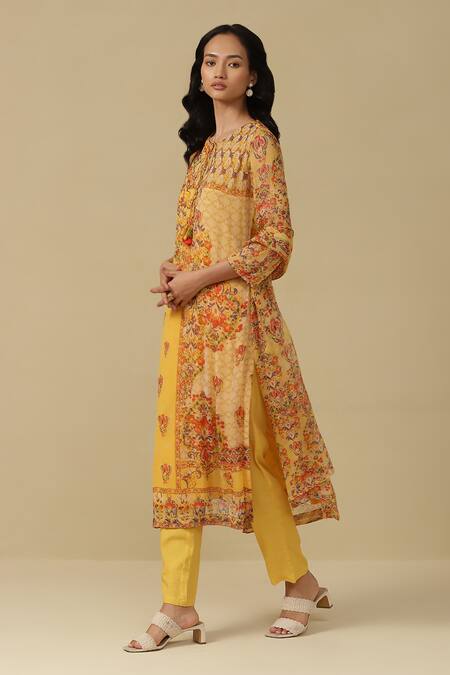 Ritu Kumar, Ri.Ritu Kumar, aarke Ritu Kumar Yellow Cotton Embroidery Round Neck Flower Print Straight Kurta Set Online at Aza Fashions Ritu Kumar, Ri.Ritu Kumar, aarke Ritu Kumar_Yellow Cotton Embroidery Round Neck Flower Print Straight Kurta Set_Online_at_Aza_Fashions