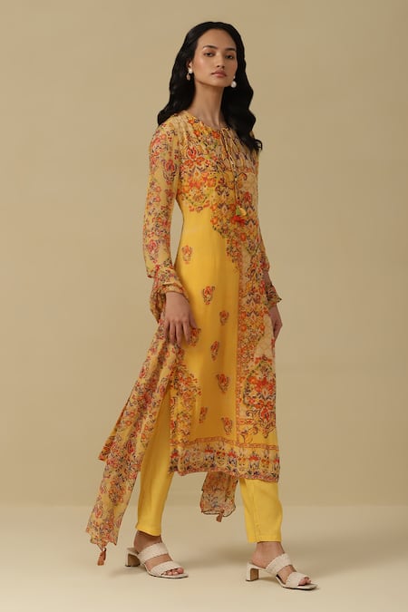 Buy Ritu Kumar, Ri.Ritu Kumar, aarke Ritu Kumar Yellow Cotton Embroidery Round Neck Flower Print Straight Kurta Set Online at Aza Fashions Buy_Ritu Kumar, Ri.Ritu Kumar, aarke Ritu Kumar_Yellow Cotton Embroidery Round Neck Flower Print Straight Kurta Set_Online_at_Aza_Fashions