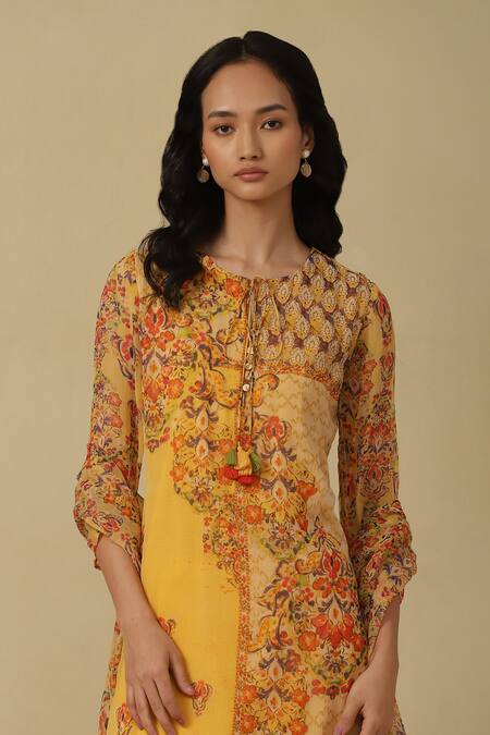 Shop Ritu Kumar, Ri.Ritu Kumar, aarke Ritu Kumar Yellow Cotton Embroidery Round Neck Flower Print Straight Kurta Set Online at Aza Fashions Shop_Ritu Kumar, Ri.Ritu Kumar, aarke Ritu Kumar_Yellow Cotton Embroidery Round Neck Flower Print Straight Kurta Set_Online_at_Aza_Fashions