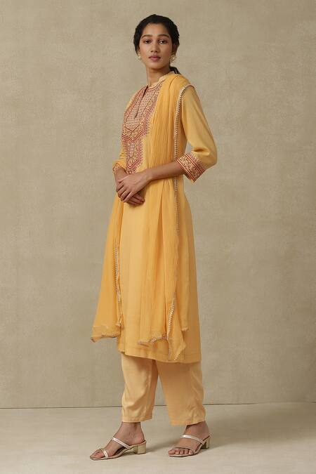 Ritu Kumar, Ri.Ritu Kumar, aarke Ritu Kumar Yellow Polyester Embroidery Collared Floral Kurta Set Online at Aza Fashions Ritu Kumar, Ri.Ritu Kumar, aarke Ritu Kumar_Yellow Polyester Embroidery Collared Floral Kurta Set_Online_at_Aza_Fashions