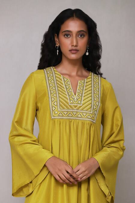 Shop_Ritu Kumar, Ri.Ritu Kumar, aarke Ritu Kumar_Green Cotton, Polyester Embroidery Floral Bodice Gathered Kurta Set_Online_at_Aza_Fashions