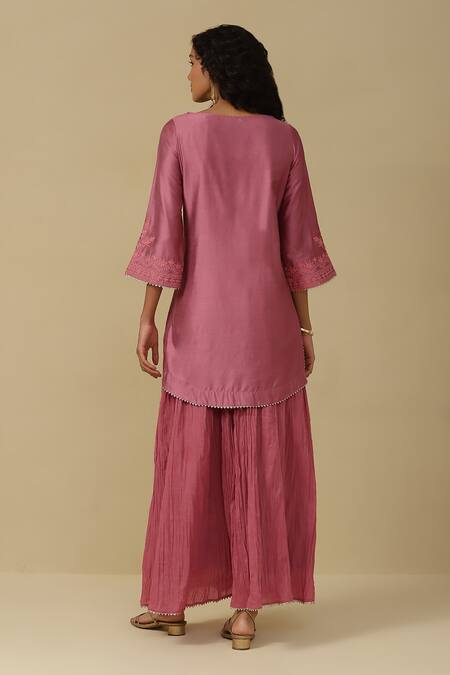 Shop Ritu Kumar, Ri.Ritu Kumar, aarke Ritu Kumar Pink Cotton Embroidery Round Neck Kurta Skirt Set at Aza Fashions Shop_Ritu Kumar, Ri.Ritu Kumar, aarke Ritu Kumar_Pink Cotton Embroidery Round Neck Kurta Skirt Set_at_Aza_Fashions