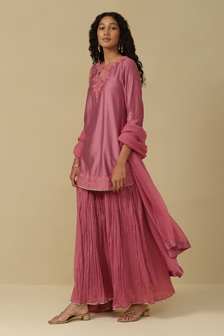 Ritu Kumar, Ri.Ritu Kumar, aarke Ritu Kumar Pink Cotton Embroidery Round Neck Kurta Skirt Set Online at Aza Fashions Ritu Kumar, Ri.Ritu Kumar, aarke Ritu Kumar_Pink Cotton Embroidery Round Neck Kurta Skirt Set_Online_at_Aza_Fashions