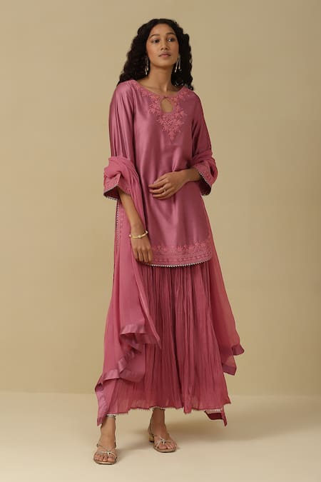 Shop Ritu Kumar, Ri.Ritu Kumar, aarke Ritu Kumar Pink Cotton Embroidery Round Neck Kurta Skirt Set Online at Aza Fashions Shop_Ritu Kumar, Ri.Ritu Kumar, aarke Ritu Kumar_Pink Cotton Embroidery Round Neck Kurta Skirt Set_Online_at_Aza_Fashions