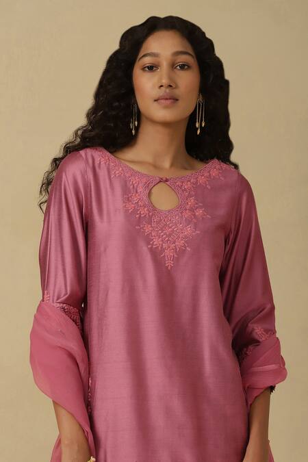 Ritu Kumar, Ri.Ritu Kumar, aarke Ritu Kumar Pink Cotton Embroidery Round Neck Kurta Skirt Set at Aza Fashions Ritu Kumar, Ri.Ritu Kumar, aarke Ritu Kumar_Pink Cotton Embroidery Round Neck Kurta Skirt Set_at_Aza_Fashions