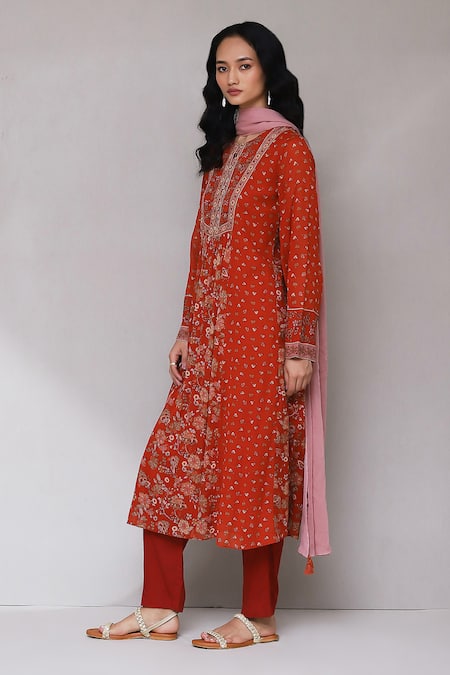 Ritu Kumar, Ri.Ritu Kumar, aarke Ritu Kumar_Orange Cotton, Polyester Embroidery Round Floral Print Bell Sleeve Kurta Set_Online_at_Aza_Fashions