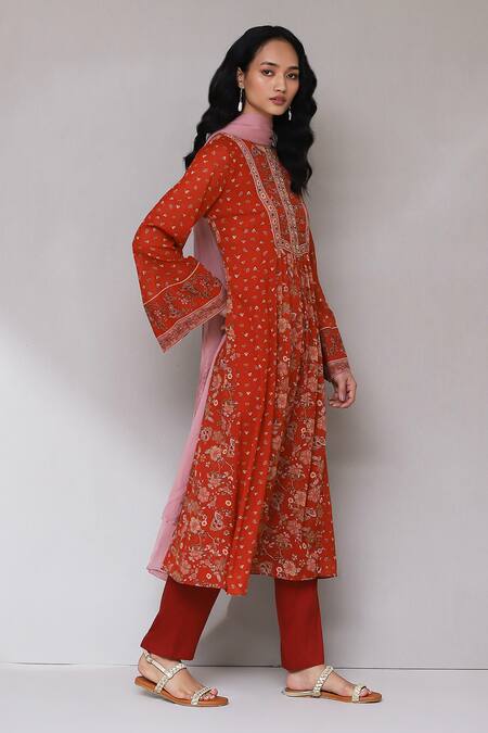 Buy_Ritu Kumar, Ri.Ritu Kumar, aarke Ritu Kumar_Orange Cotton, Polyester Embroidery Round Floral Print Bell Sleeve Kurta Set_Online_at_Aza_Fashions