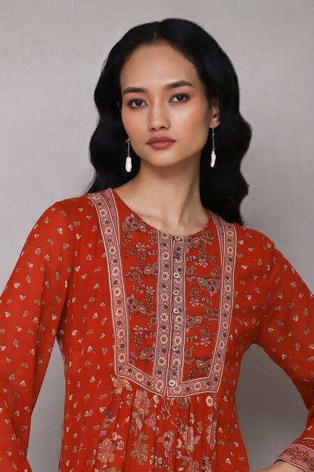 Shop_Ritu Kumar, Ri.Ritu Kumar, aarke Ritu Kumar_Orange Cotton, Polyester Embroidery Round Floral Print Bell Sleeve Kurta Set_Online_at_Aza_Fashions