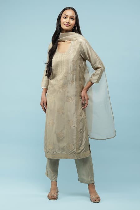 Aarke Ritu Kumar Grey Viscose Woven Floral Round Kurta Pant Set 